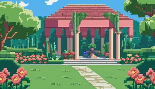 Write a romantic scene in a garden filled with palmettes.,rosarium,rose garden,pixel art,garden of the fountain,arboretum,mausoleum ruins,gazebo,gardens,palace garden,garden of plants,artemis temple,p