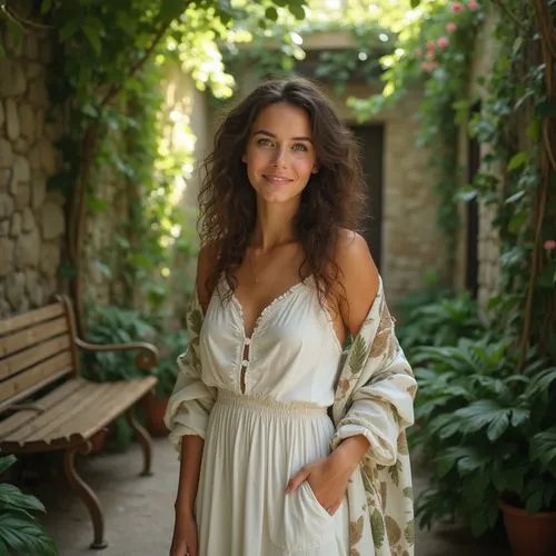 Modern woman, 25yo, curly brown hair, gentle smile, green eyes, natural makeup, flowy white dress, leaf-patterned shawl, standing, one hand on hip, surrounded by lush greenery, vines crawling up stone