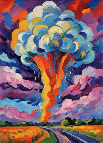 tornado,mushroom cloud,eruption,thundercloud,nuclear explosion,the eruption,volcanic eruption,thunderhead,thunderclouds,atomic bomb,explosion,volcano,exploding head,mushroom landscape,oil on canvas,explosions,apocalypse,thunderheads,cumulonimbus,raincloud,Conceptual Art,Oil color,Oil Color 25