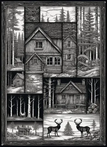 西部乡村木屋森林复古元素矢量图,three different pographs of deer in front of a cabin,log cabin,house in the forest,houses clipart,woodring,winter house,forest house,Illustration,Retro,Retro 25