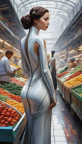 grocer,woman shopping,supermarket,sci fiction illustration,grocery shopping,grocery store,grocery,greengrocer,world digital painting,supermarket shelf,shopper,groceries,fresh produce,girl in the kitchen,woman eating apple,market,food processing,shopping list,culinary art,aisle,Conceptual Art,Sci-Fi,Sci-Fi 24