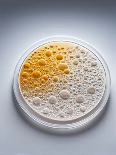 Mysterious yeast, laboratory setting, petri dish, microscope, bright light, detailed texture, white background, round shape, soft focus, shallow depth of field, warm lighting, cinematic composition, s