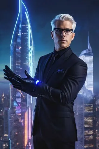 Futuristic arc architects, male, strong jawline, short white hair, blue eyes, glasses with silver frames, black leather gloves, formal wear, black tie, standing in front of a massive skyscraper, moder