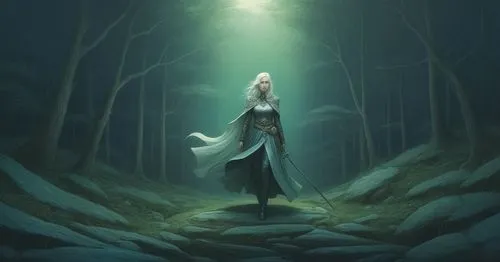 a woman in a costume with long white hair stands in a forest,finrod,mirkwood,galadriel,thingol,glorfindel,elven forest,alfheim,elven,celeborn,thranduil,elfland,elenore,reynir,elvish,the snow queen,sor