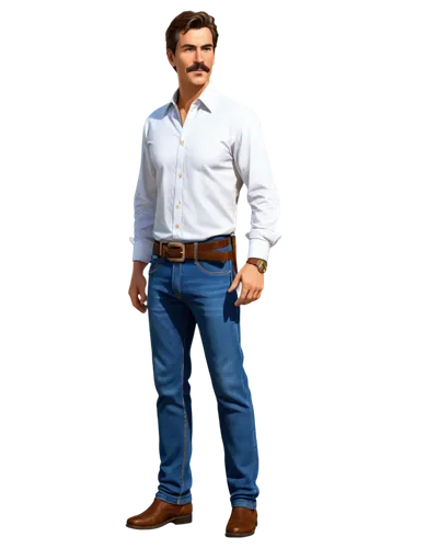 Realistic man, mature, solo, detailed facial hair, thick brown mustache, trimmed edges, slight stubble, prominent nose, sharp jawline, short brown hair, casual white shirt, dark blue jeans, black leat