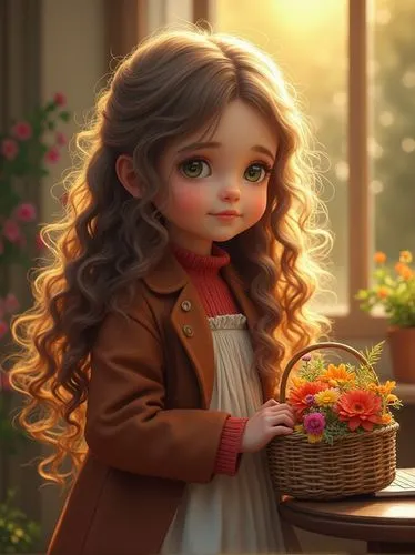 liesel,arrietty,cute cartoon character,girl picking flowers,agnes,girl in flowers,Photography,General,Realistic