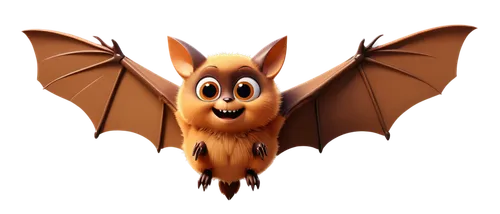 Brown bat, wings spread wide, cute cartoon eyes, small nose, furry body, claws grasping, hanging upside down, 3D clip art style, bright colorful background, soft shading, detailed texture, playful pos