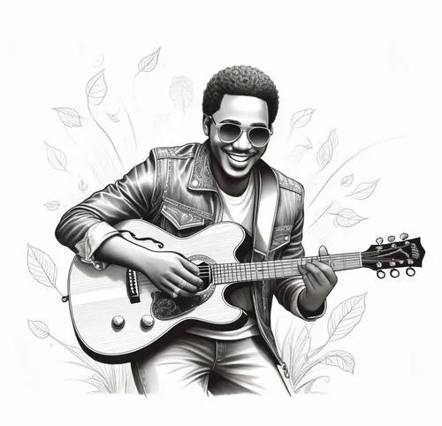 A black man with a broad smile on his face looks on, his fingers dancing across the wood. He wears a leather jacket and two matching sunglasses. The sketch is overflowing with a picture of a guitar, w