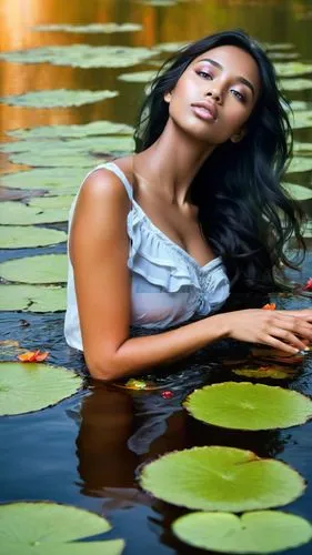 As the sun sets over the horizon, a woman with piercing orange eyes and a flowing smile takes flight in the stunning vista of her dreaming lake. She is a radiant radiant lily pad, evoking a sense of s