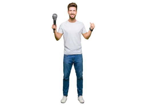 Male comedian, microphone, casual clothes, jeans, white shirt, messy hair, beard, smiling face, energetic posture, standing, spotlight, softbox lighting, shallow depth of field, realistic texture, cin