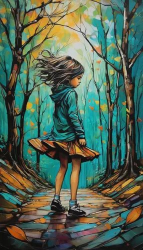 little girl in wind,girl with tree,girl walking away,little girl running,ballerina in the woods,falling on leaves,oil painting on canvas,throwing leaves,little girl twirling,chalk drawing,art painting,autumn walk,dance with canvases,autumn background,little girls walking,fabric painting,girl in the garden,girl in a long,forest walk,oil painting,Illustration,Realistic Fantasy,Realistic Fantasy 23