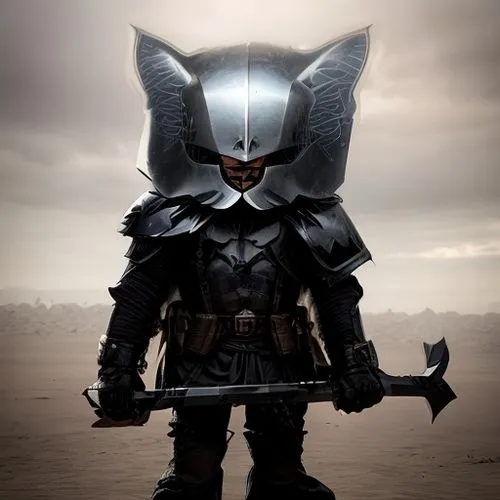 A dark knight with huge wings that wears a full black armor stands in a foggy desert. He holds a sword in his right hand and a shield in his left. His wings are spread wide and his helmet covers his f