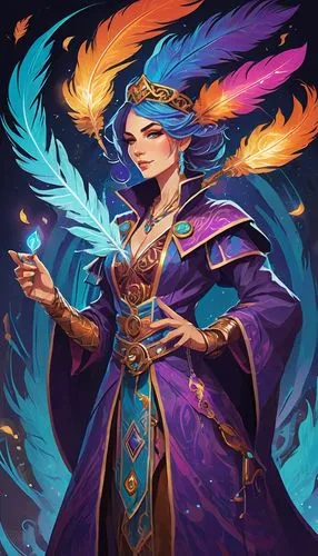 A wildly eccentric female mage, bedecked in mismatched, shimmering robes adorned with mismatched buttons and feathers, each detail exuding a vibrant, chaotic energy. This character would be a key figu