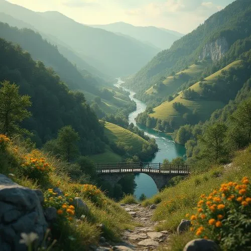 Sweeping hills, lush forests, winding rivers, natural stone walls, rustic wooden bridges, meandering pathways, vibrant wildflowers, tranquil ponds, scenic overlooks, gentle waterfalls, soft misty atmo