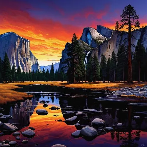 yosemite,yosemite park,half dome,half-dome,salt meadow landscape,landscape background,mountain sunrise,mountain landscape,yosemite national park,alpine sunset,futuristic landscape,nature landscape,alpine lake,mountain scene,fantasy landscape,world digital painting,yosemite valley,beautiful landscape,river landscape,mountain lake,Conceptual Art,Fantasy,Fantasy 08