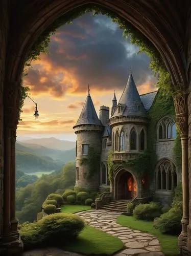 fairy tale castle,fantasy picture,fantasy landscape,nargothrond,cartoon video game background,gondolin,rivendell,fairytale castle,hogwarts,beleriand,fairy tale,diagon,castle of the corvin,fantasy art,windows wallpaper,fairytale,a fairy tale,castlelike,fablehaven,briarcliff,Illustration,Paper based,Paper Based 27