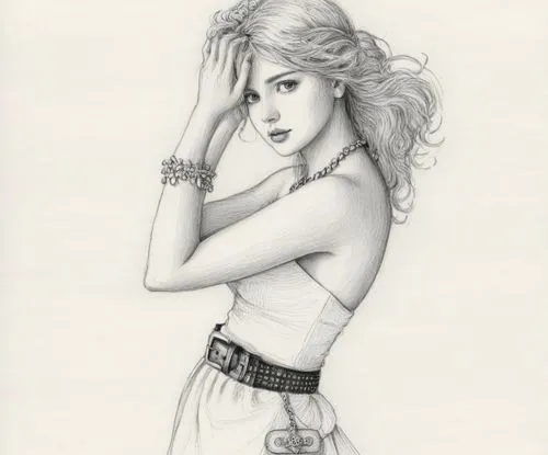 女生，黑白，素描，手链，项链，白色裙子，腰带,a pencil drawing of a girl in tights and heels,sandahl,pencil drawings,pin-up girl,pencil drawing,retro pin up girl,shanna,Illustration,Black and White,Black and White 13