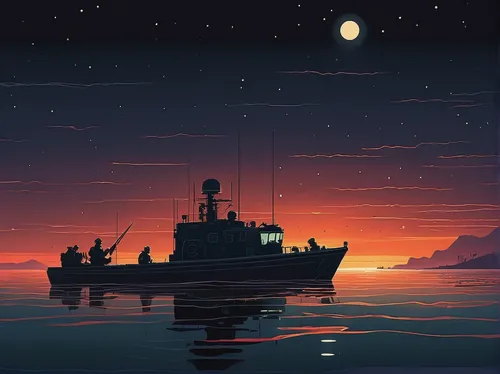 sea scouts,fishing trawler,fishing boat,sea night,cruiser aurora,seafarer,patrol boat,convoy rescue ship,seafaring,naval trawler,fishing vessel,lightship,fishfinder,survey vessel,fishing boats,boat landscape,coast guard,fishing float,night watch,dusk background,Illustration,Vector,Vector 05