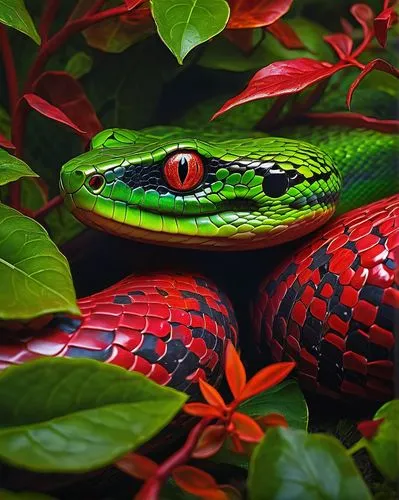 green python,vipera,pitviper,nonvenomous,liophis,red and green,venomous snake,green tree snake,red tailed boa,reticulatus,slithered,green snake,morelia viridis,tree snake,emperor snake,boomslang,powelliphanta,lampropeltis,snake pattern,serpent,Illustration,Realistic Fantasy,Realistic Fantasy 03