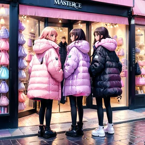 two girls in pink and lilac oversized puffy coats stand in front of a puffy coat shop accompany by her friend in black oversized coat they want to go inside and buy some of them,three people in winter