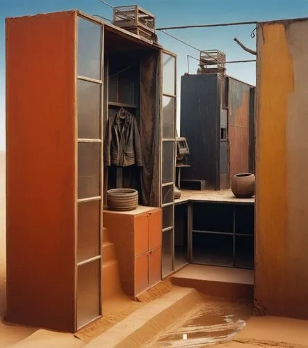 mad max style
sand in the ground 
broking glass,a large open closet sitting next to a dirty room,nevelson,hejduk,corten steel,kiln,kounellis,kienholz,Photography,Documentary Photography,Documentary Ph