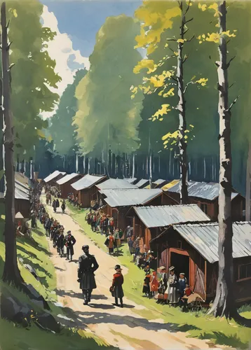 village scene,village life,street scene,escher village,folk village,david bates,khokhloma painting,forest workers,korean folk village,caravan,wooden houses,campground,chalets,vendors,pilgrims,cottages,campsite,shirakawa-go,villages,huts,Conceptual Art,Fantasy,Fantasy 14