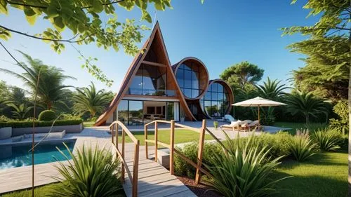 the modern house is on a platform near the swimming pool,holiday villa,tropical house,dunes house,landscape design sydney,3d rendering,pool house,Photography,General,Realistic