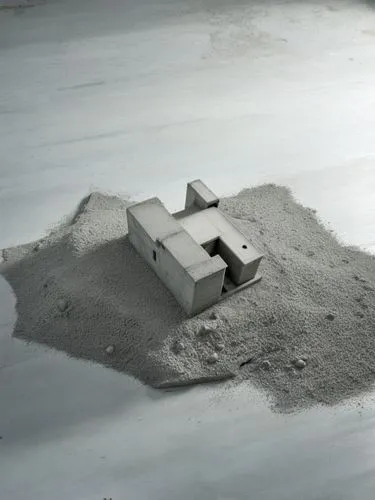 A CONCRETE ARCHITECTURE MODEL FOR PRESENTATION UPSIDE A WOODEN TABLE READY TO PRESENT,bunker,sandbox,concrete ship,concrete construction,concrete grinder,miniature house,concrete plant,cement block,co