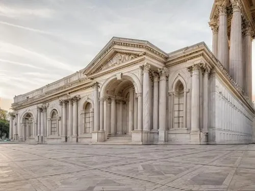 an empty courtyard with columns, pillars and a clock,glyptothek,marble palace,greek temple,zappeion,peristyle,janiculum,treasury,celsus library,nypl,palladian,borromini,temple of diana,neoclassical,ar