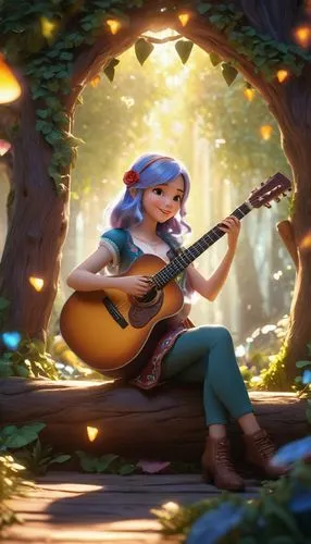 serenade,bard,art bard,rapunzel,guitar,ukulele,musical background,dulcimer,cg artwork,playing the guitar,musician,music background,tangled,fantasia,princess anna,fae,concert guitar,cavaquinho,wood daisy background,agnes,Unique,3D,3D Character