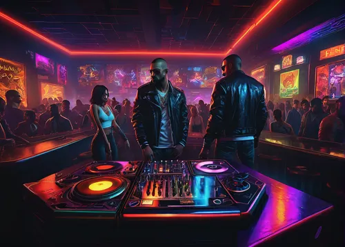 Grand Theft Auto V style, nightclub scene, dynamic lighting, crowded dance floor, DJ booth, neon signs, bar area, partygoers dancing, characters with tattoos, leather jackets, miniskirts, high heels, 