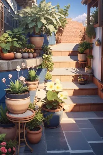 colorful,plant,cafe luxury,rosegol and black,a bunch of plants that are sitting on a step,balcony garden,terracotta flower pot,terracotta tiles,potted plants,garden pot,patio,Photography,General,Reali