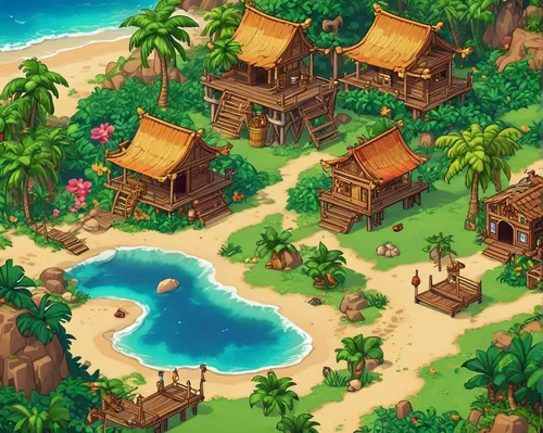 resort town,popeye village,polynesia,bora-bora,tropical island,fishing village,seaside resort,tropical beach,java island,island,idyllic,bora bora,beach resort,the island,resort,safe island,islands,tahiti,polynesian,monkey island,Illustration,American Style,American Style 10