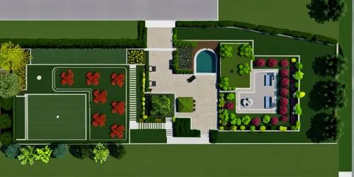 a large lawn with trees and flowers near a house,tennis court,soccer field,school design,football pitch,floorplan,floorplan home