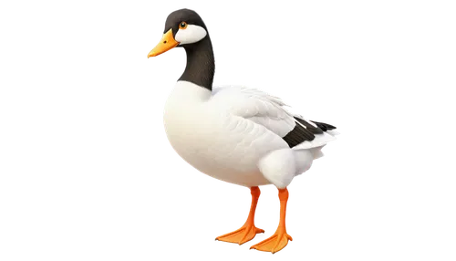 Cartoonish goose, white feathers, orange beak, bright eyes, honking sound effect, standing pose, one leg lifted, soft fluffy texture, sunny yellow background, comedic composition, exaggerated expressi