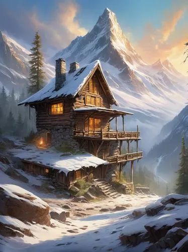 house in mountains,house in the mountains,the cabin in the mountains,mountain hut,mountain settlement,winter house,alpine hut,alpine village,mountain huts,log cabin,log home,house in the forest,snow house,mountain village,home landscape,lonely house,small cabin,wooden house,winter landscape,mountain scene,Conceptual Art,Oil color,Oil Color 03