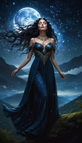 blue enchantress,queen of the night,fantasy picture,fantasy portrait,sorceress,fantasy art,fantasy woman,lady of the night,blue moon,moonlit night,blue moon rose,celtic woman,the enchantress,moonlit,zodiac sign libra,celestial body,the night of kupala,light of night,moonbeam,moon phase,Conceptual Art,Fantasy,Fantasy 11