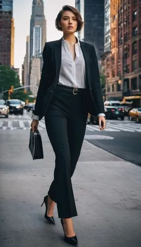 New York City, modern skyscraper, sleek glass facade, steel frame structure, bustling streets, morning rush hour, businesswoman, 25yo, short hair, minimal makeup, black blazer, white shirt, fitted tro