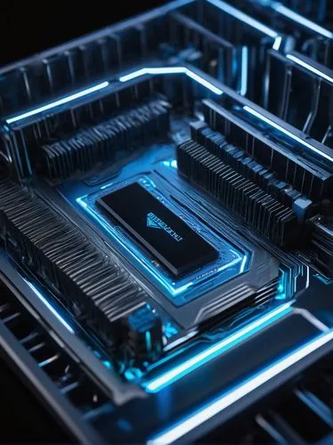 Modern blackwell GPU architecture, futuristic metallic structure, complex circuitry patterns, sleek silver lines, neon blue accents, glowing LED lights, intricate heat sink design, angular shapes, ind