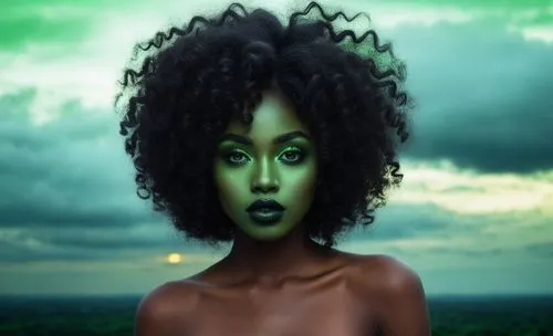 nude Beautiful nigerian girl, full dark curly hair, big green almond eyes, full black lips, misty sky,a woman with green paint, a face with a large green nose,afrofuturism,afrocentrism,african woman,b