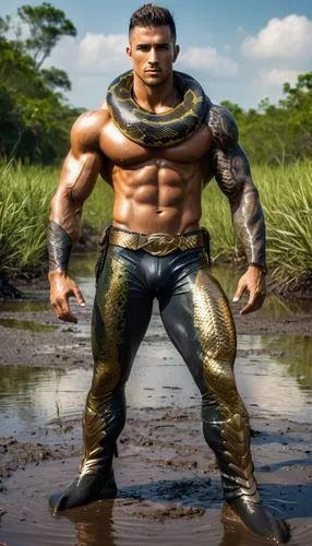 A gorgeous 30 years old Apollo with great powerful muscles sits in the swamp with full of uncountable anacondas, his body is partially covered by mud. Snakes wrapped in his legs, arms and all his body