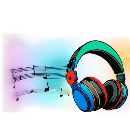 Colorful musical notes, YouTube icon, short video format, trendy hairstyle, young adult, casual wear, headphones, microphone, guitar, music sheet, colorful background, soft focus, warm lighting, shall