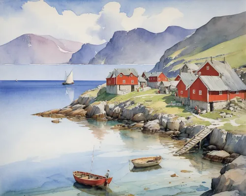 nordland,norway coast,lofoten,fjords,coastal landscape,norway nok,greenland,sognefjord,olle gill,nuuk,faroe islands,husavik,scandinavia,lysefjord,sea landscape,fjord,norway island,fishing village,hamnoy,geirangerfjord,Illustration,Paper based,Paper Based 23