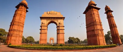 India Gate, architectural design, New Delhi, monumental arch, war memorial, Amar Jawan Jyoti, eternal flame, red sandstone, intricate carvings, ornate details, grandeur structure, symmetrical composit