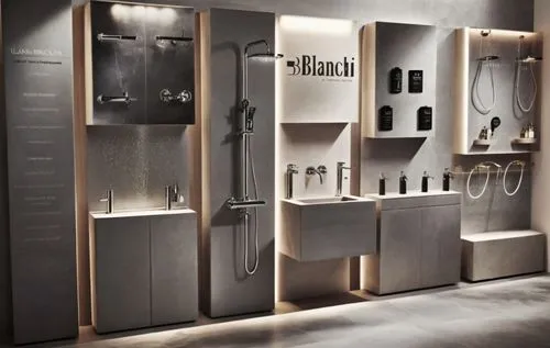 sanitary display wall in showroom for a high-end Italian brand called Bianchi.
products on display are mostly showers mixers, basin mixers and some others, it's a factory mood grey concrete style for 