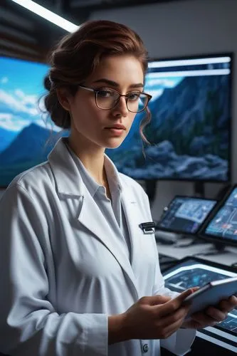 Realistic AI Art Generator, futuristic laboratory, sleek metal walls, neon lights, advanced computer systems, holographic displays, scientist in a white lab coat, glasses, messy brown hair, focused ex