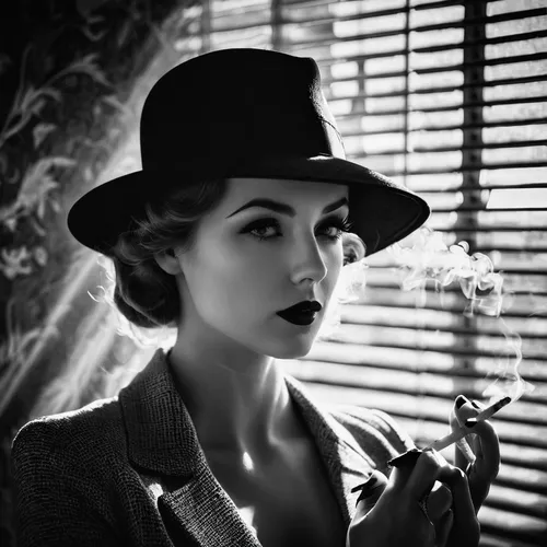 a young woman in a hat, smoking a cigarette, on the background of blinds, in the art noir style,smoking girl,cigarette girl,film noir,victoria smoking,vintage woman,pipe smoking,girl smoke cigarette,s