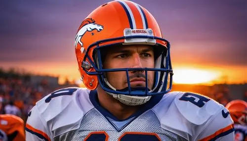 Orange Broncos helmet, football player, muscular man, athletic build, strong facial features, determined expression, mouthguard, shoulder pads, sleeveless jersey, blue and orange uniform, football fie