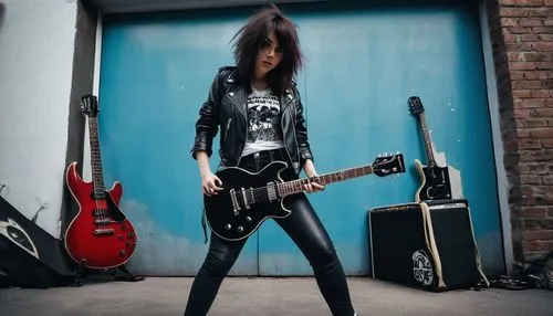 single beauty girl brunette curvy huge chest punk hair, character devil girl, play electric guitar, black leather jacket tshirt and jeans pants with shoes converse suit the ramones band, view body ful