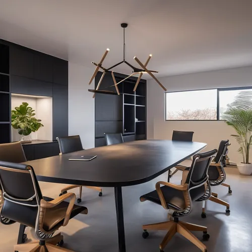 meeting room with white stucco walls and microcement flooring, with a table with a black lacquered top and dark wooden legs in the center, eight chairs with wheels with metal structure and seat and ba